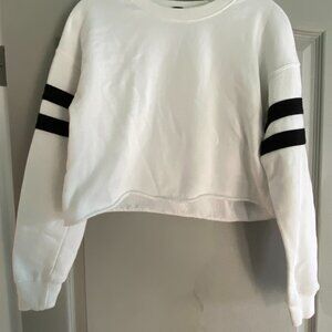 Forever 21 Women's White cropped sweatshirt with black varsity stripes